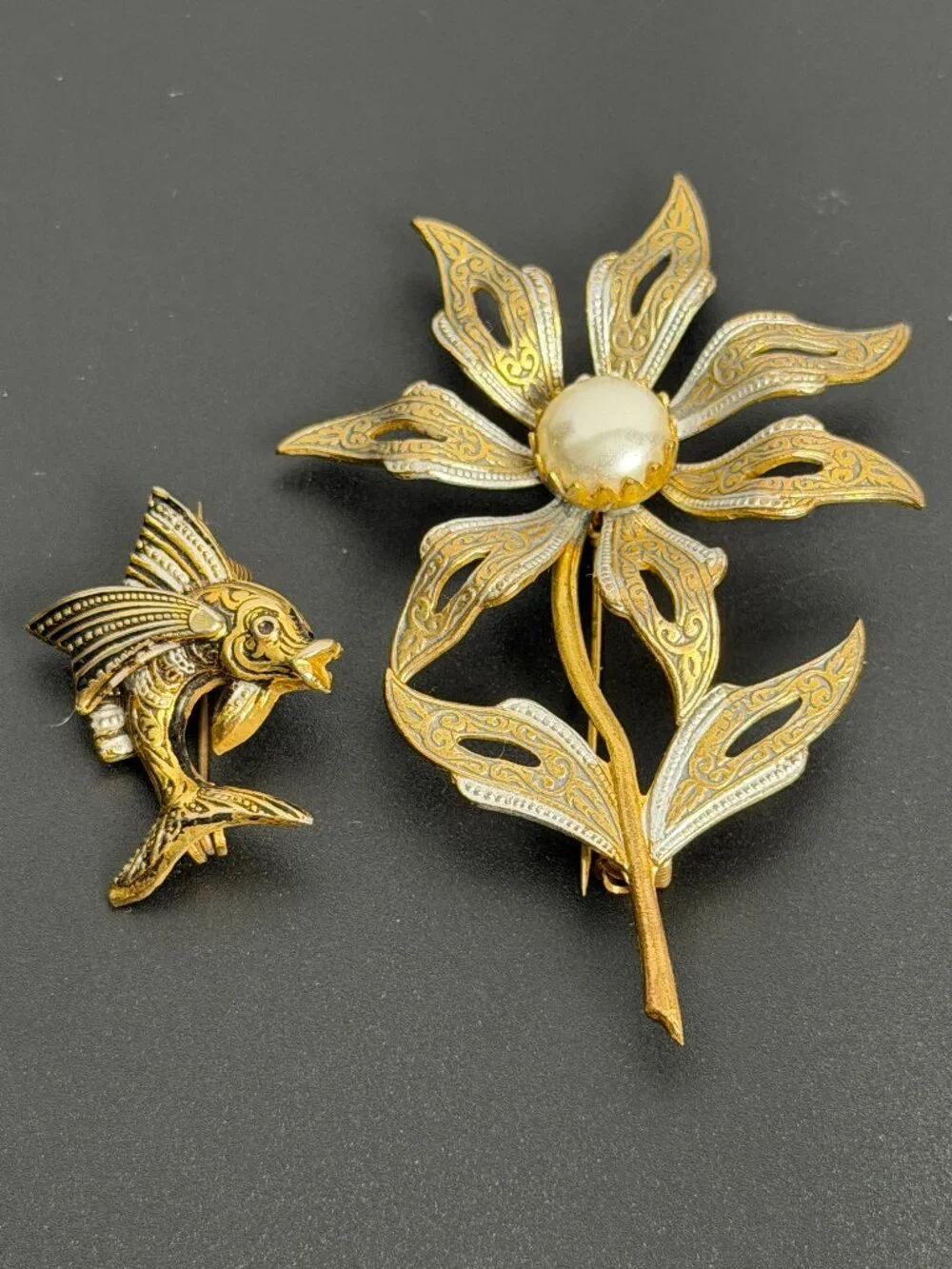 Set Of 2 Damascene Made in Spain Brooch Pins Flower Flying Fish Gold Black White